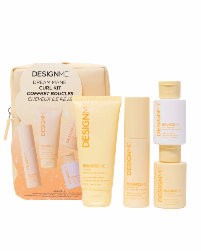 Bouncy, defined, frizz-free curls — in a pastel dream kit. The DesignME Dream Mane Curl Kit is a limited edition four-step routine built around the bestselling BounceME collection. Designed to hydrate, shape, and smooth every curl type, this travel-ready set gives your texture the care it deserves, all tucked into a chic pastel carry case.