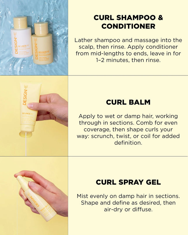 Bouncy, defined, frizz-free curls — in a pastel dream kit. The DesignME Dream Mane Curl Kit is a limited edition four-step routine built around the bestselling BounceME collection. Designed to hydrate, shape, and smooth every curl type, this travel-ready set gives your texture the care it deserves, all tucked into a chic pastel carry case.
