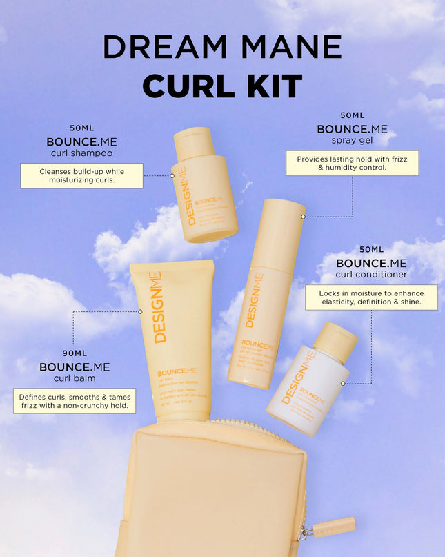 Bouncy, defined, frizz-free curls — in a pastel dream kit. The DesignME Dream Mane Curl Kit is a limited edition four-step routine built around the bestselling BounceME collection. Designed to hydrate, shape, and smooth every curl type, this travel-ready set gives your texture the care it deserves, all tucked into a chic pastel carry case.