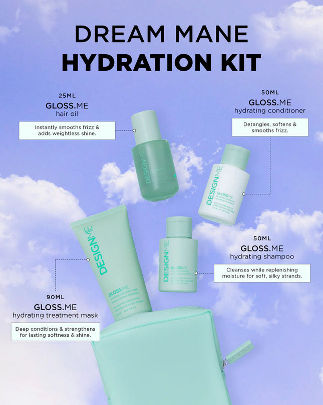 Unwrap the magic of glossy, hydrated strands with this limited-edition holiday kit. Featuring the complete GLOSS.ME hydration and shine collection in mini sizes, this dreamy set is designed to moisturize, smooth frizz, boost shine, and make hair more manageable. Ideal for dry, dehydrated, or frizz-prone hair in need of extra hydration and shine, it’s a whimsical treat for yourself or the perfect way to spread a little holiday glow.