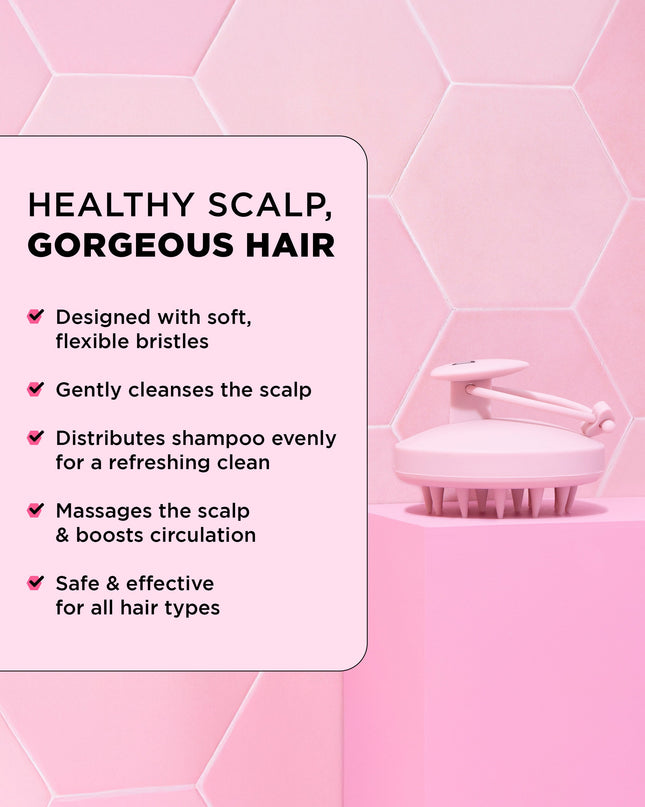 A limited-edition scalp brush designed with soft, flexible bristles to gently cleanse the scalp while evenly distributing shampoo for a refreshing clean. With every use, it provides a soothing massage that helps boost circulation, creating the ideal foundation for strong, beautiful hair. Safe and effective for all hair types, it’s your new must-have for a healthy scalp and effortless shine.