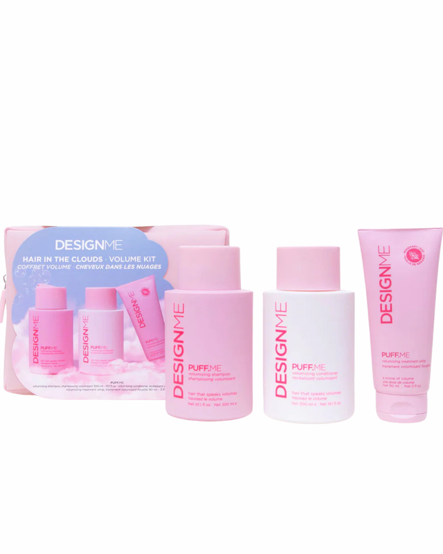 Lift your hair to cloud nine with this playful volumizing kit that brings bounce and a silky finish! Featuring the PUFF.ME volumizing shampoo for light-as-air cleansing, a conditioner that smooths and detangles without heaviness, and a treatment whip that boosts volume and strength for fuller-looking locks. Perfect for fine, thin hair dreaming of soft, airy body! Plus, it all comes tucked inside an adorable pink, reusable, water-resistant cosmetic pouch.