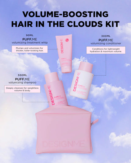 Lift your hair to cloud nine with this playful volumizing kit that brings bounce and a silky finish! Featuring the PUFF.ME volumizing shampoo for light-as-air cleansing, a conditioner that smooths and detangles without heaviness, and a treatment whip that boosts volume and strength for fuller-looking locks. Perfect for fine, thin hair dreaming of soft, airy body! Plus, it all comes tucked inside an adorable pink, reusable, water-resistant cosmetic pouch.