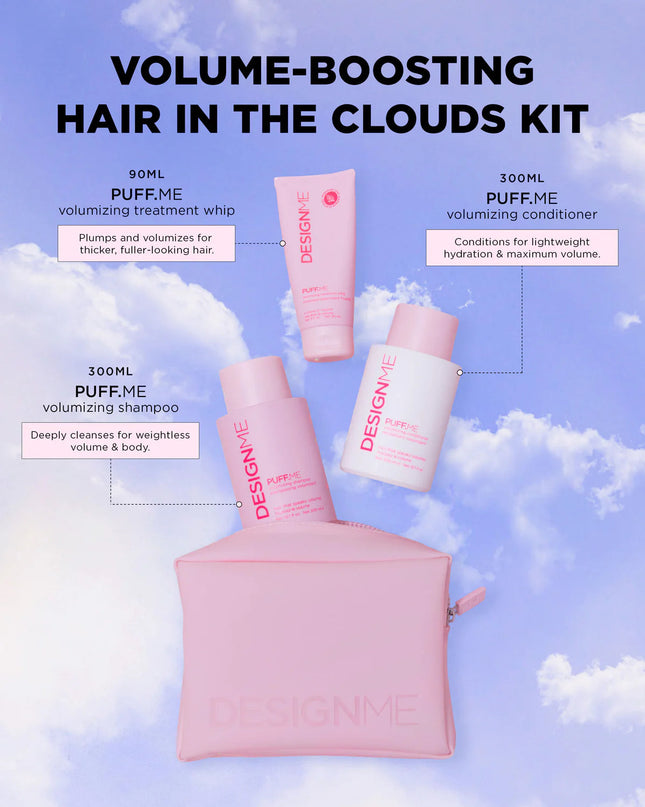 Lift your hair to cloud nine with this playful volumizing kit that brings bounce and a silky finish! Featuring the PUFF.ME volumizing shampoo for light-as-air cleansing, a conditioner that smooths and detangles without heaviness, and a treatment whip that boosts volume and strength for fuller-looking locks. Perfect for fine, thin hair dreaming of soft, airy body! Plus, it all comes tucked inside an adorable pink, reusable, water-resistant cosmetic pouch.