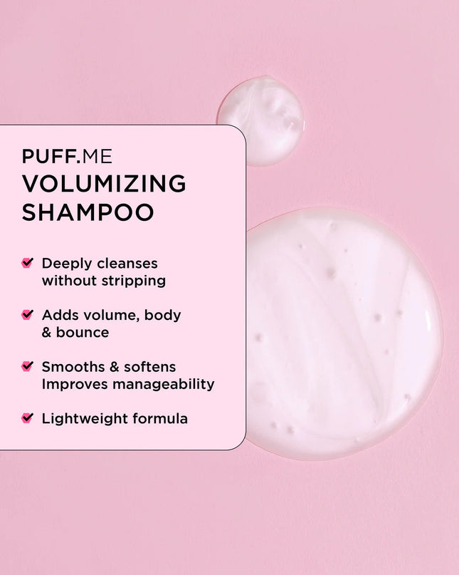 Lift your hair to cloud nine with this playful volumizing kit that brings bounce and a silky finish! Featuring the PUFF.ME volumizing shampoo for light-as-air cleansing, a conditioner that smooths and detangles without heaviness, and a treatment whip that boosts volume and strength for fuller-looking locks. Perfect for fine, thin hair dreaming of soft, airy body! Plus, it all comes tucked inside an adorable pink, reusable, water-resistant cosmetic pouch.
