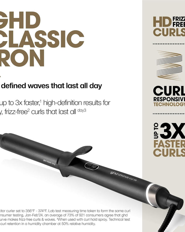 New ghd Chronos Curve new range of curlers with Curl-Responsive Technology with for 3x faster, high-definition results for easy, frizz-free curls that last all day. ghd chronos curve classic tong has a 1" medium barrel with spring activated ergonomic lever for Frizz-Free Curls, 50% more shine, and no extreme heat damage. Designed and tested by professionals our newest innovation yet, Classic Tong is the perfect tool for long-lasting voluminous curls.