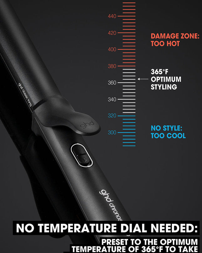 New ghd Chronos Curve new range of curlers with Curl-Responsive Technology with for 3x faster, high-definition results for easy, frizz-free curls that last all day. ghd chronos curve classic tong has a 1" medium barrel with spring activated ergonomic lever for Frizz-Free Curls, 50% more shine, and no extreme heat damage. Designed and tested by professionals our newest innovation yet, Classic Tong is the perfect tool for long-lasting voluminous curls.