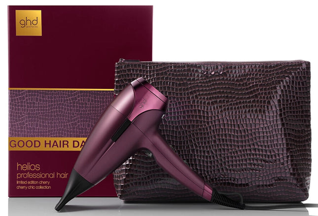 The ultimate hairdryer for a five-star blowdry. The ghd Helios™ professional hairdryer feaures unique Aeroprecis™ technology and a bespoke contoured nozzle to provide ultra-powerful drying and ultimate styling results, with 30% more hair shine. Includes: ghd cherry chic limited edition Helios™ professional hairdryer plus complimentary wash bag ($45 Value).