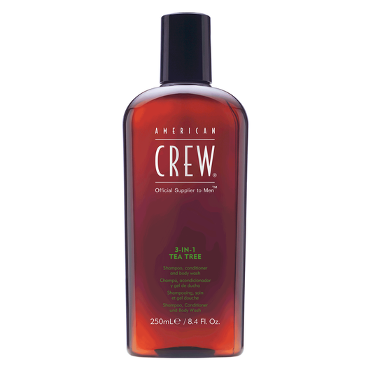 American Crew 3-in-1 Tea Tree Shampoo, Conditioner and Body Wash cleanses and conditions hair and skin leaving it feeling soft and with a refreshing aroma.