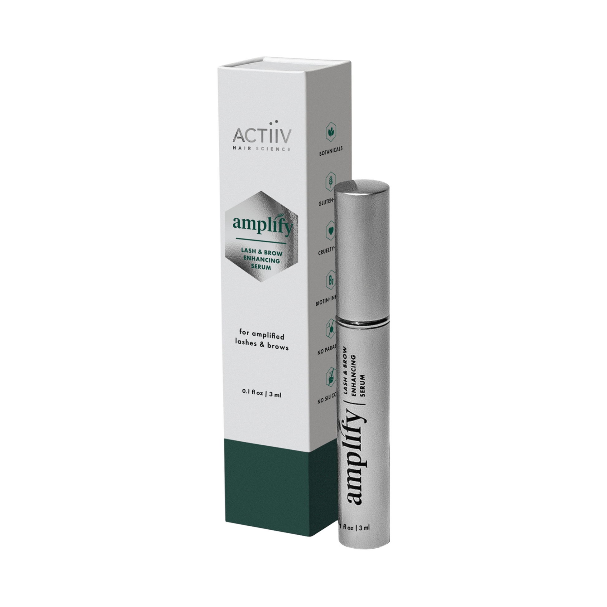 This 3ml lash and brow serum is a one stop shop for thickening and growing lashes and brows. From the hair experts at Actiiv Hair Science.  Amplify Lash and Brow Serum promotes the appearance of thicker, longer lashes and brows. Utilizing clean ingredients and a proprietary amino acid complex and peptides, this innovative serum encourages a stronger lash and brow structure which leads to longer, thicker looking lashes and brows. 