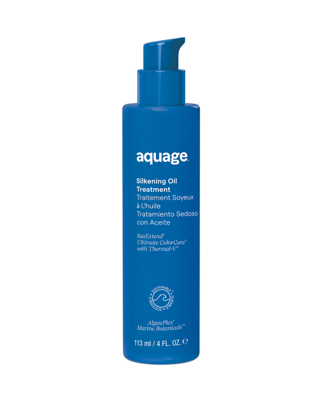 Aquage Silkening Oil Treatment is an ultra-light formula that easily transforms any hair texture for silky, smooth, frizz-free results.