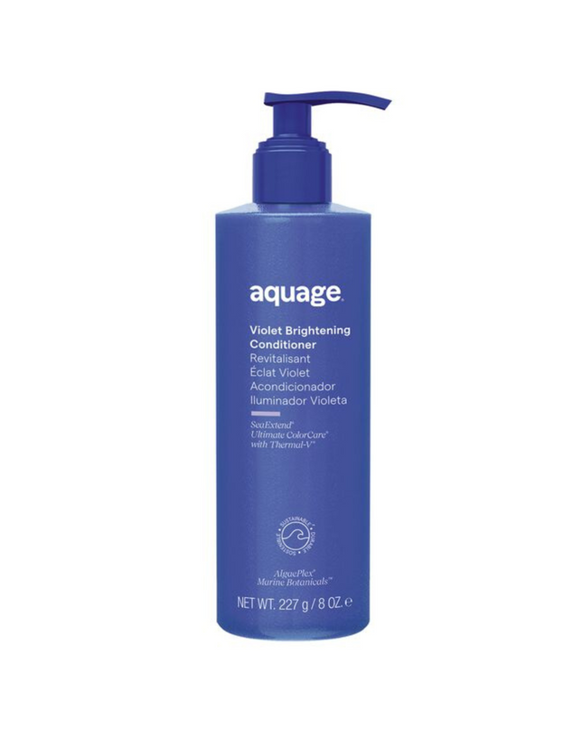 Aquage Violet Brightening Conditioner brightens and illuminates blonde, lightened, and highlighted hair.