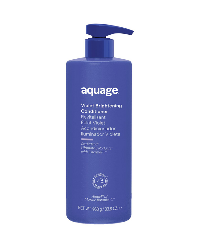 Aquage Violet Brightening Conditioner brightens and illuminates blonde, lightened, and highlighted hair.