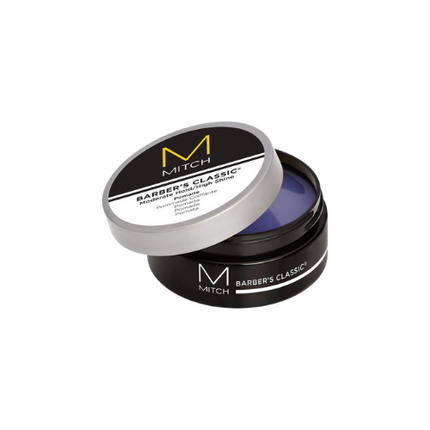 Mitch Barbers Classic Pomade is a great, water-based pomade for creating those slick, high shine styles. Product works in curly hair to help hold the curl together and give the hair some weight and control. The product offers a medium hold with a super high shine and it works through the hair (and washes out) very easily.