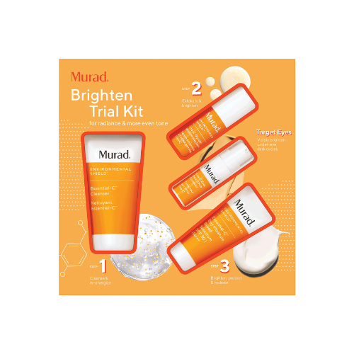 Murad's Brighten Trial Kit for Dark Spot Correction & Even Tone is a vitamin C rich 4-piece set that visibly fades dark spots, brightens and protects for radiance and more even tone.