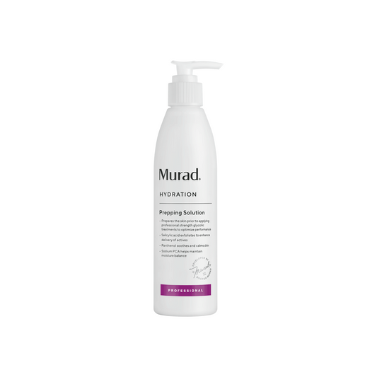 Murad Professional Prepping Solution preps the skin prior to applying the AHA Rapid Exfoliator treatments for even application. Salicylic Acid enhances professional treatment performance. Panthenol soothes and calms skin. Sodium PCA restores skin suppleness.