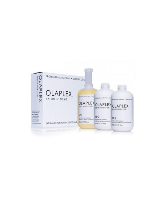 Olaplex Salon Intro Kit Steps 1 & 2 of the revolutionary, 3-step OLAPLEX professional system in a salon introductory kit. OLAPLEX lets you lighten your client’s hair to levels never thought possible before, without compromising the integrity of the hair. Salon Intro Kit is perfect for in-salon use for up to 140 applications.