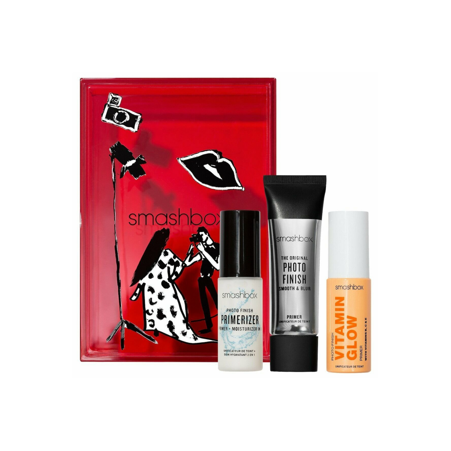 Photo Finish Primer Trio Set: Travel Size The Original Photo Finish Smooth & Blur Primer (0.41 oz) Travel Size Photo Finish Primerizer (0.50 oz) Travel Size Photo Finish Vitamin Glow Primer (0.41 oz) 1 Reusable Box with Custom Art by @drawbertson The Original Photo Finish Smooth & Blur Primer Benefits: 