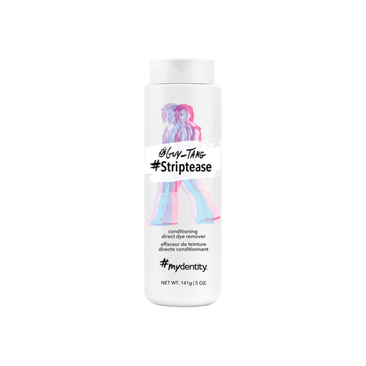 This fast-acting direct dye remover rids hair of unwanted pigment in as little as five minutes.  How to use it?  Mix 28g #Striptease + 84g or 10V 20V #Mydentity developer (1:3) ratio. Apply on damp or dry hair. Process 5 to 45 minutes to remove unwanted direct dye pigments and help protect the integrity of the hair.
